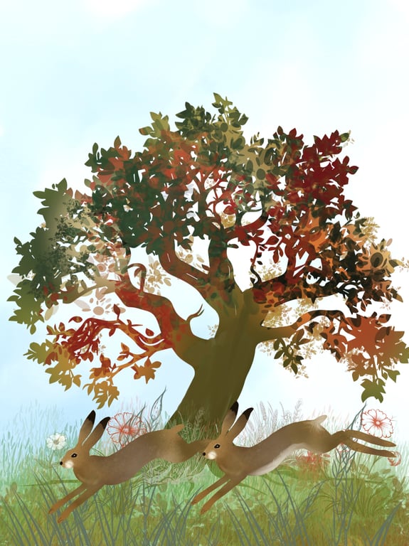 The Autumn Race - Leaping Hares Giclee Print