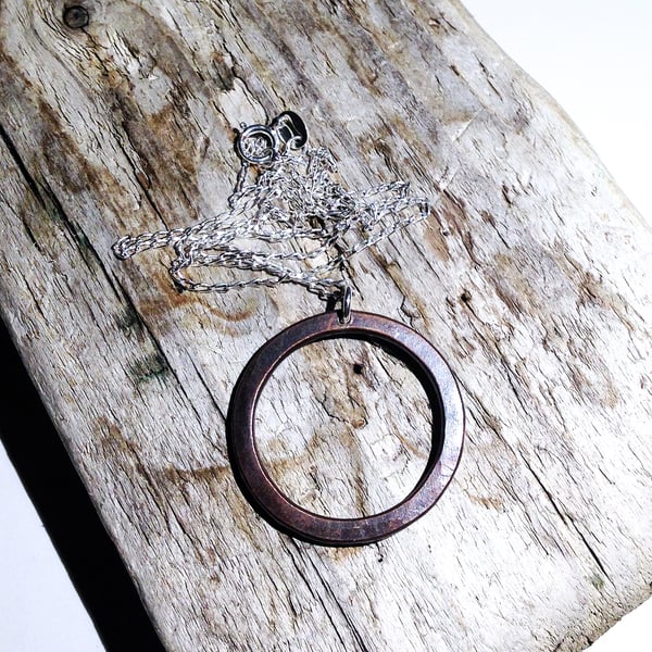 Hammered Antiqued Copper Hoop Pendant Necklace - UK Free Post