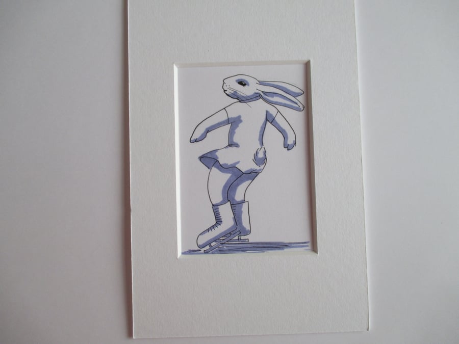 Ice Skating Dancing Bunny Rabbit ACEO original miniature painting in mount