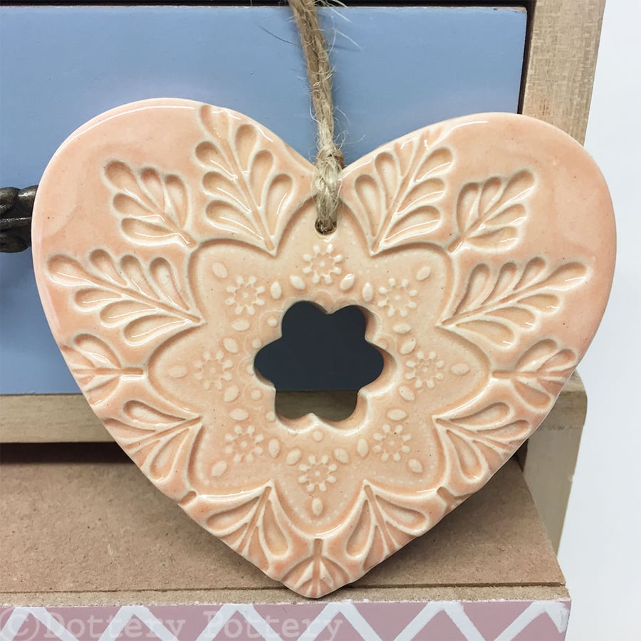 Ceramic heart hanging decoration Pottery Heart Folk art love heart SALMON