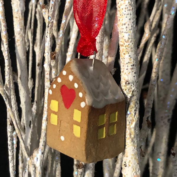 Hand painted teeny gingerbread house hanging decoration