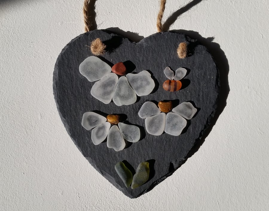 Sea Glass Daisies and Bumble Bees on a Slate Heart.