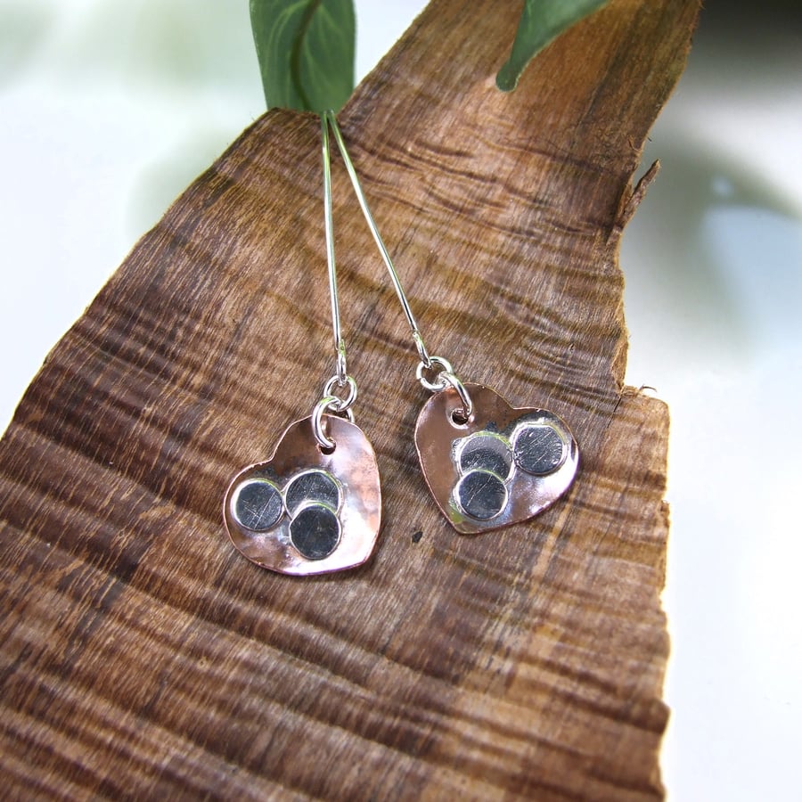 Earrings, Silver Spot and Copper Heart Dropper with Sterling Silver Earwires