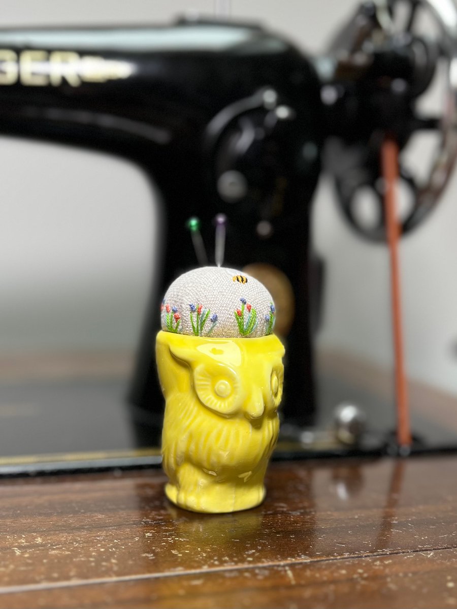 Vintage Owl egg cup embroidered pin cushion with bee and flowers