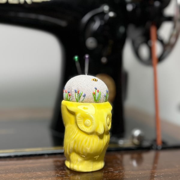 Vintage Owl egg cup embroidered pin cushion with bee and flowers