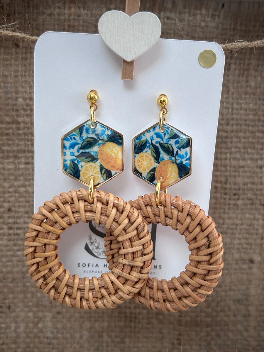 Lemon & Blue Floral Rattan Hoop Earrings – Handmade Summer Statement Jewellery