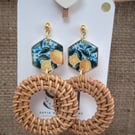 Lemon & Blue Floral Rattan Hoop Earrings – Handmade Summer Statement Jewellery