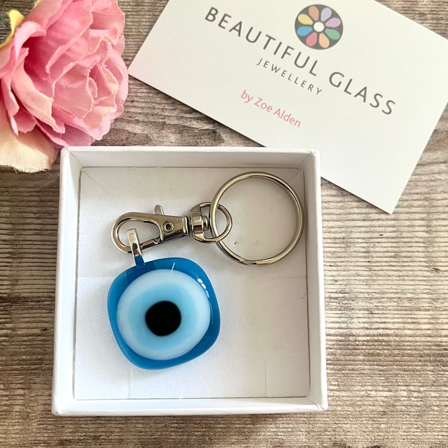Greek evil eye keyring, blue fused glass keepsake, gift for her