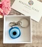 Greek evil eye keyring, blue fused glass keepsake, gift for her