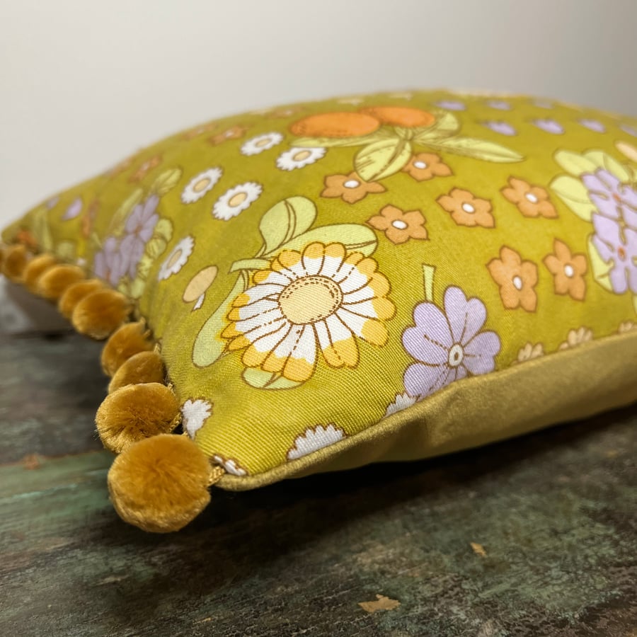 Vintage Retro cotton cushion cover Cherry Pie with pompoms