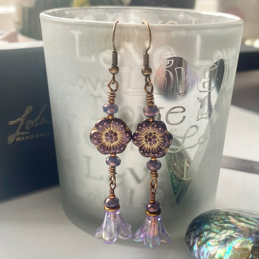 Antique bronze Czech glass flower earrings 