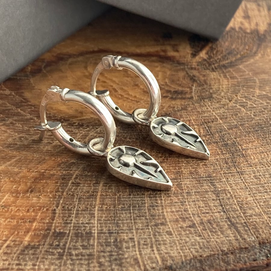 Huggie Hoop Earring With Hand Stamped Charm - Sterling Silver