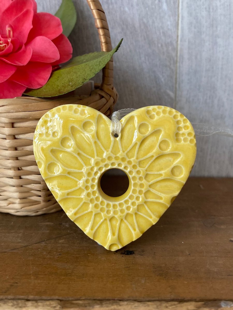 Small Pottery heart decoration yellow