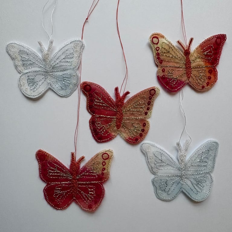 Embroidered Butterfly Hanging Decorations Red and White Festive Decor (Set of 5)