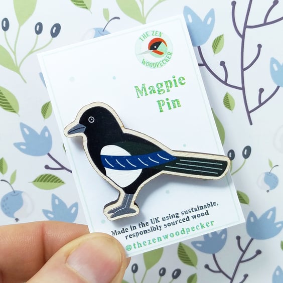 Magpie Pin Badge, Wooden Bird Brooch, Corvid Bird Badge