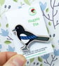 Magpie Pin Badge, Wooden Bird Brooch, Corvid Bird Badge
