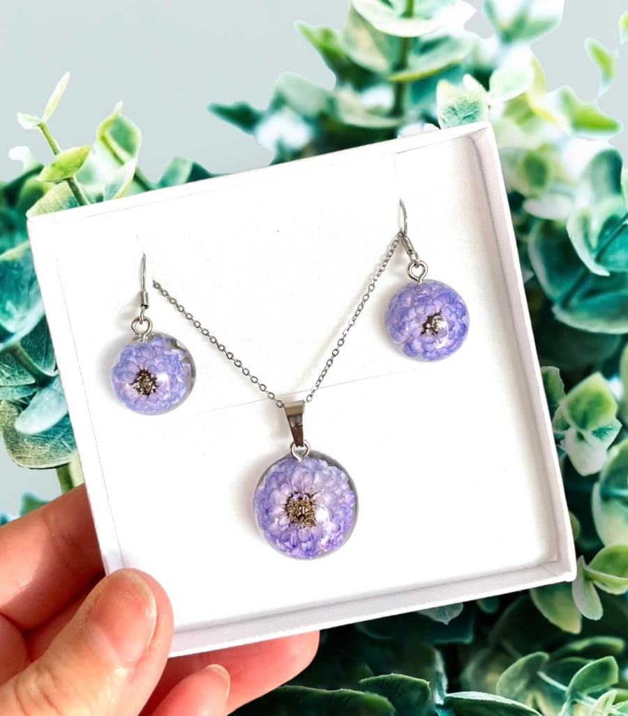 Purple flower domed necklace, real flower jewellery