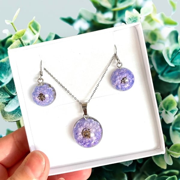 Purple flower domed necklace, real flower jewellery