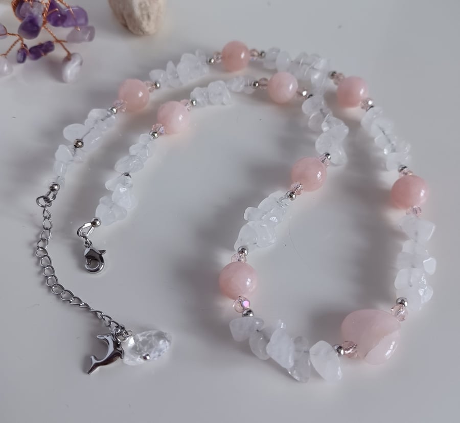 Blush Rose Quartz & Clear Quartz Necklace, Handmade Beaded Gemstone Choker