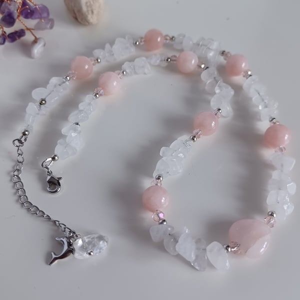 Blush Rose Quartz & Clear Quartz Necklace, Handmade Beaded Gemstone Choker