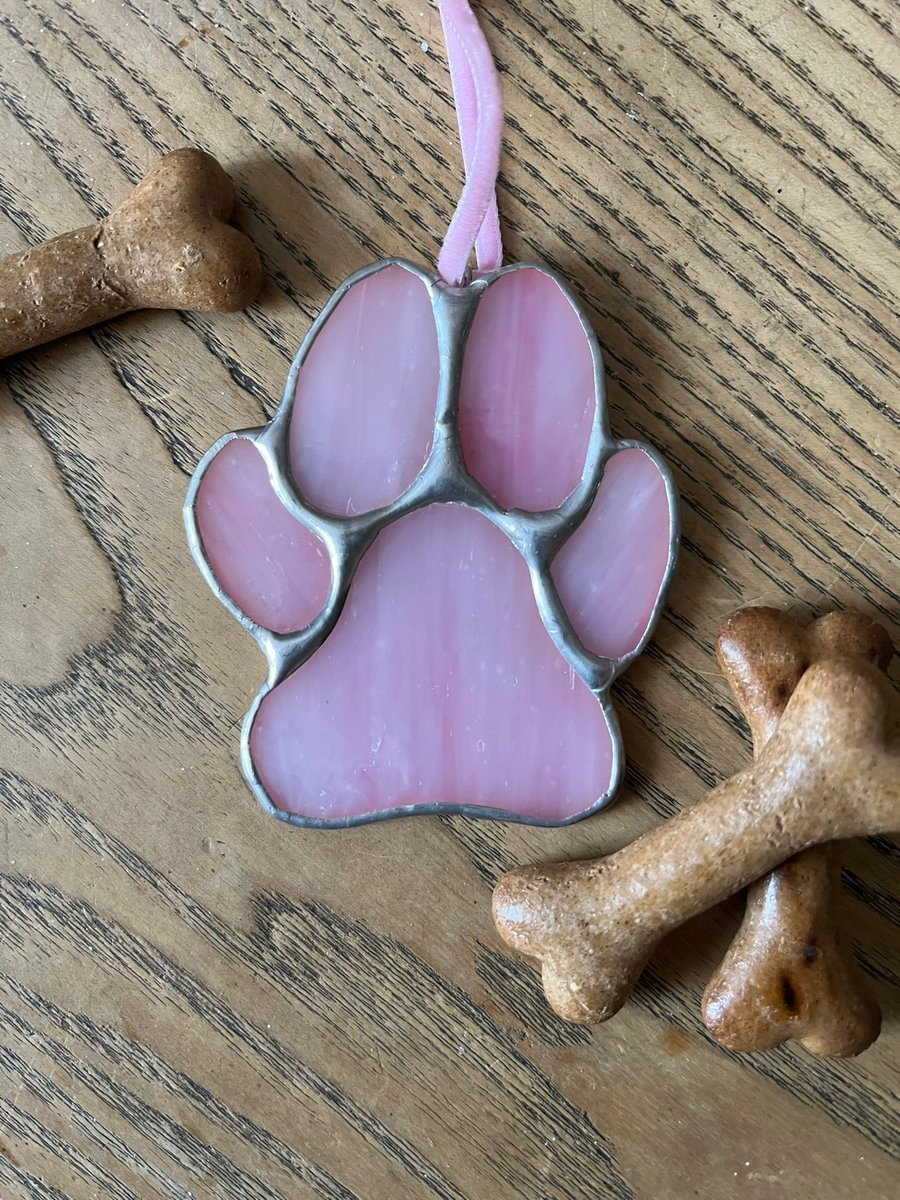 Pink dog paw in stained glass - pet lover gift