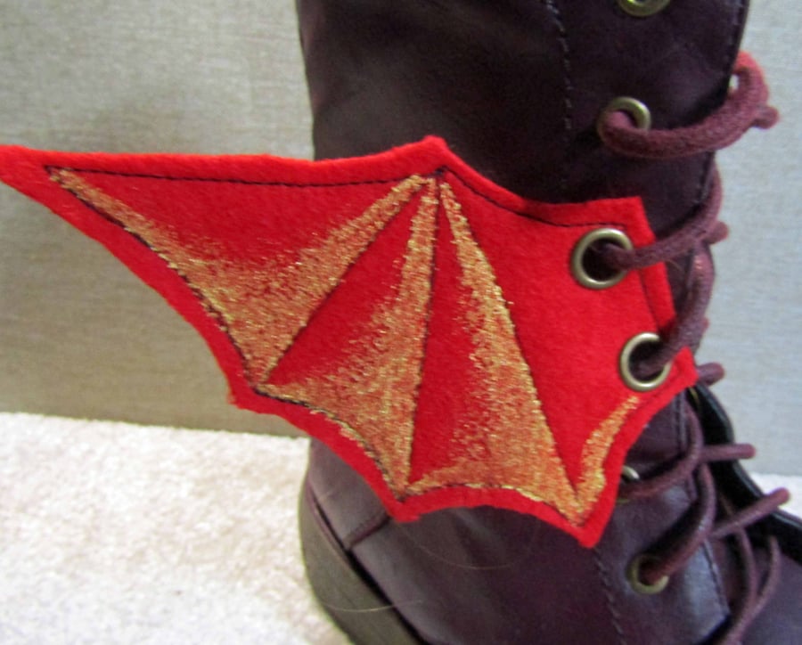 Steampunk Fabric Boot Wings Bat Wings Red Gold