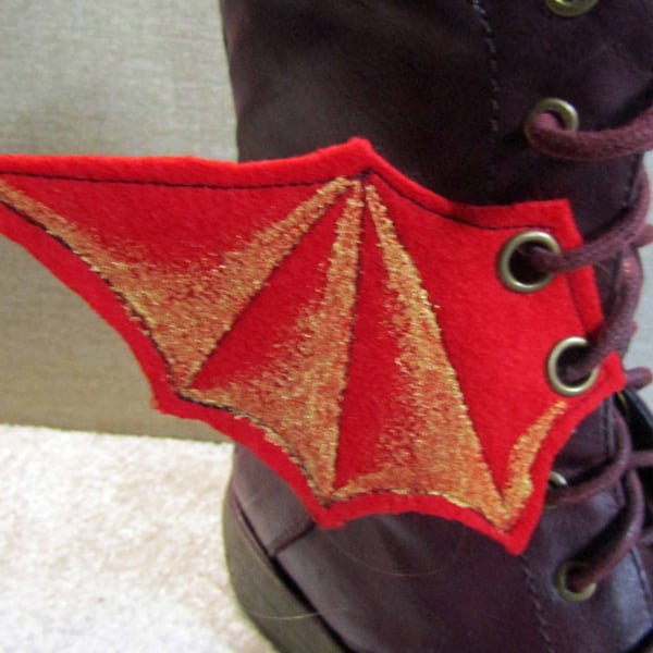 Steampunk Fabric Boot Wings Bat Wings Red Gold