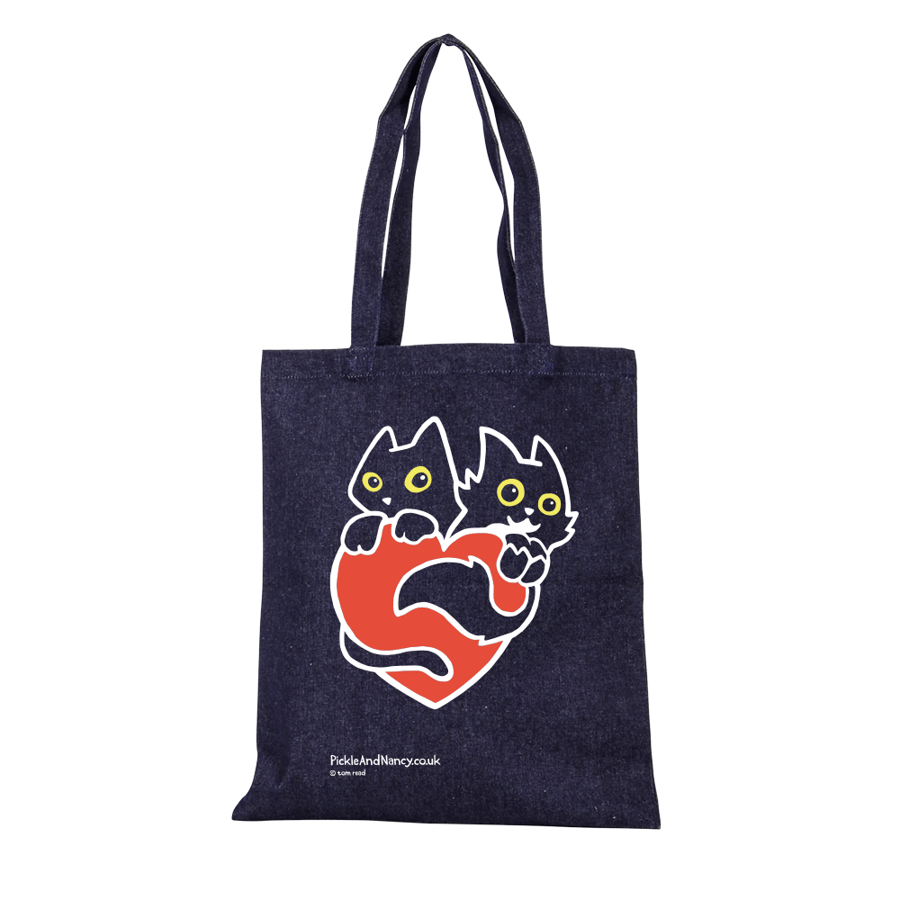 Black cats & red heart denim Tote bag, Fairtrade shopping bag for cat lovers 
