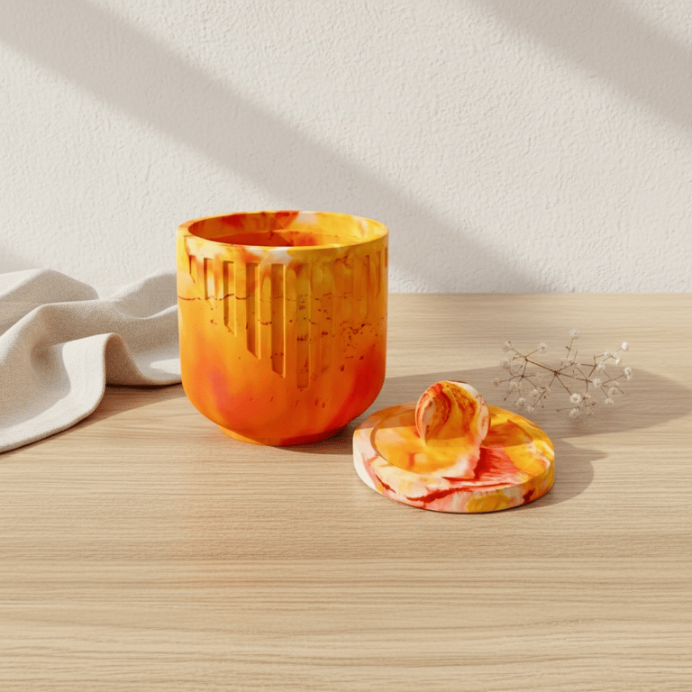 Sunset orange marbled jewellery box with lid for rings and keepsakes