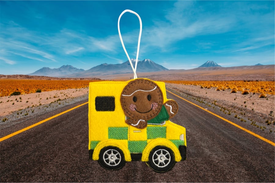 Ambulance with gingerbread person driving Embroidered Hanging Keepsake 