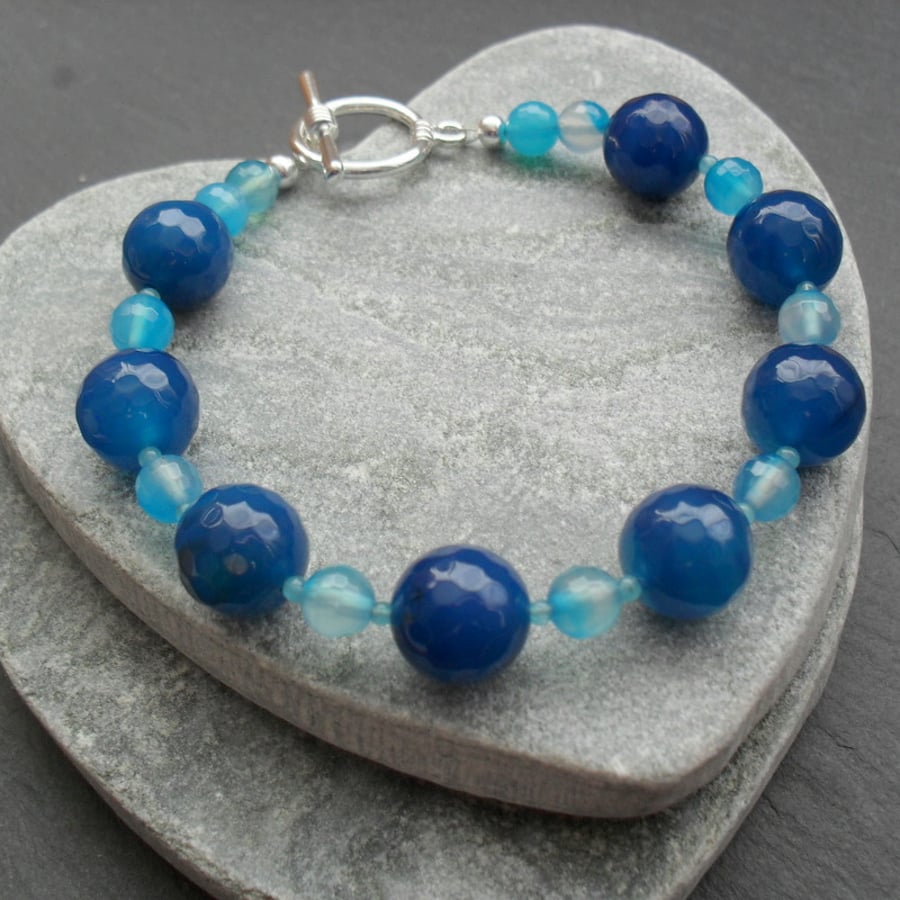Blue Agate Beaded Bracelet Silver Plate