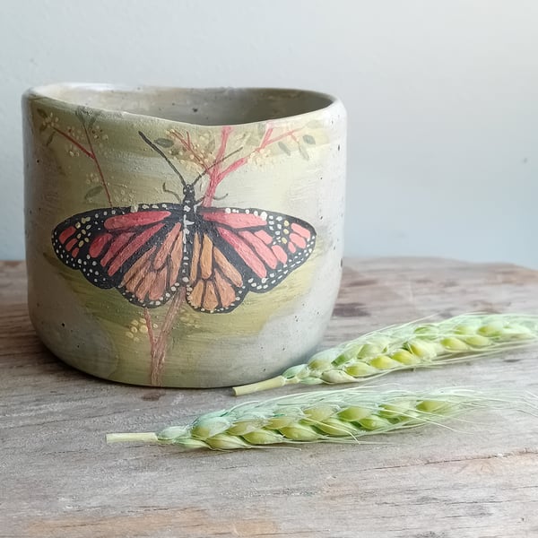 Monarch butterfly thumb dimple cup, hand painted earthenware ceramic wood fired,