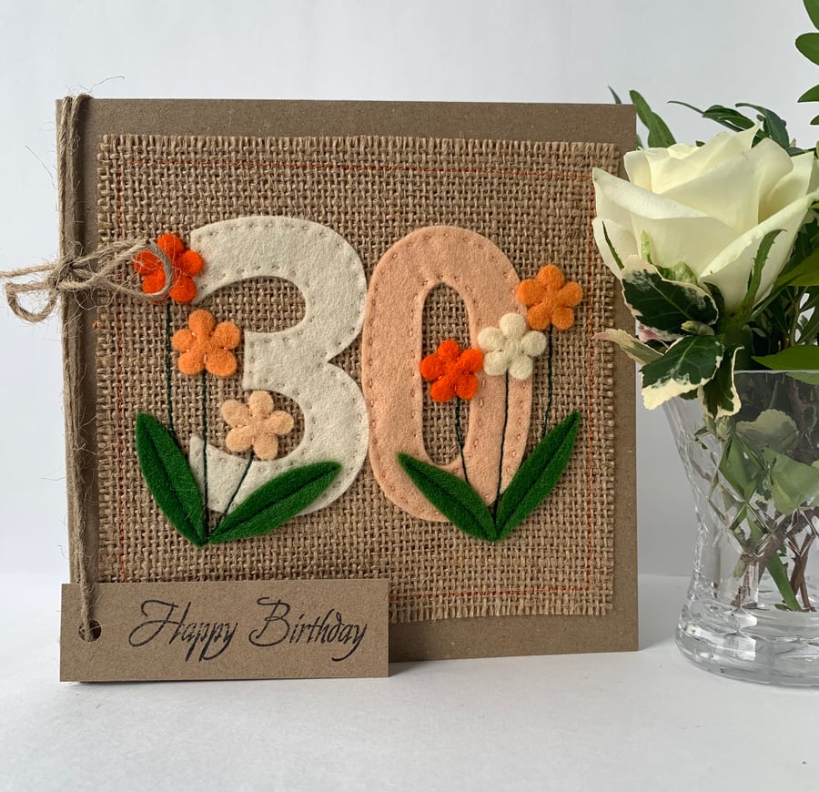 30th Handmade Birthday Card from felt. Keepsake Card. Textile card.