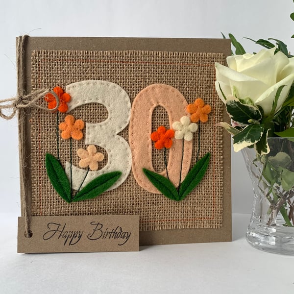 30th Handmade Birthday Card from felt. Keepsake Card. Textile card.