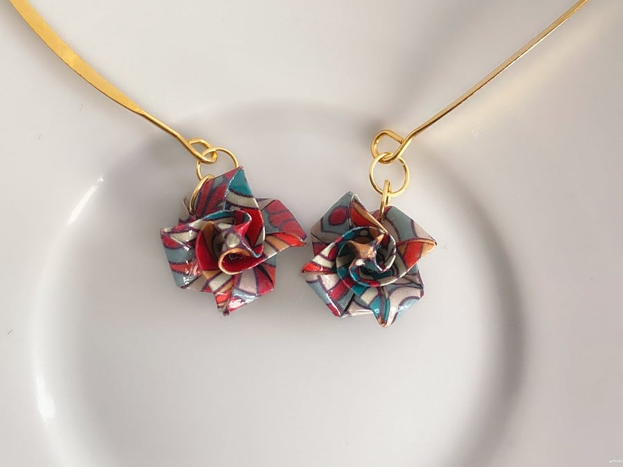 Unique Handmade Paper Rose Earrings, Ethnic Style, Vibrant Colors, Gold Hooks