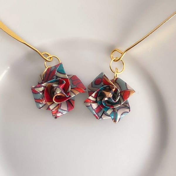 Unique Handmade Paper Rose Earrings, Ethnic Style, Vibrant Colors, Gold Hooks
