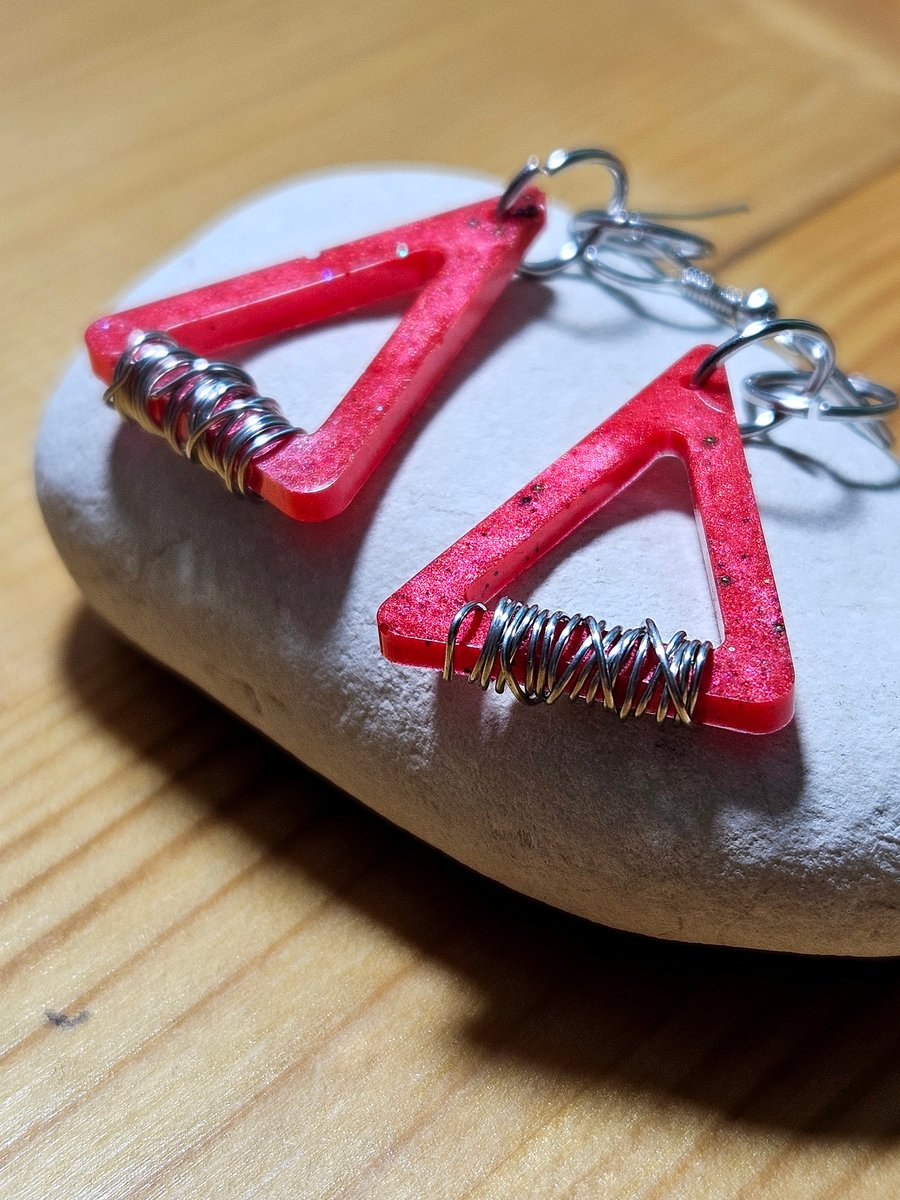 Long red triangle shape earrings, unique resin earrings ideal for festival 