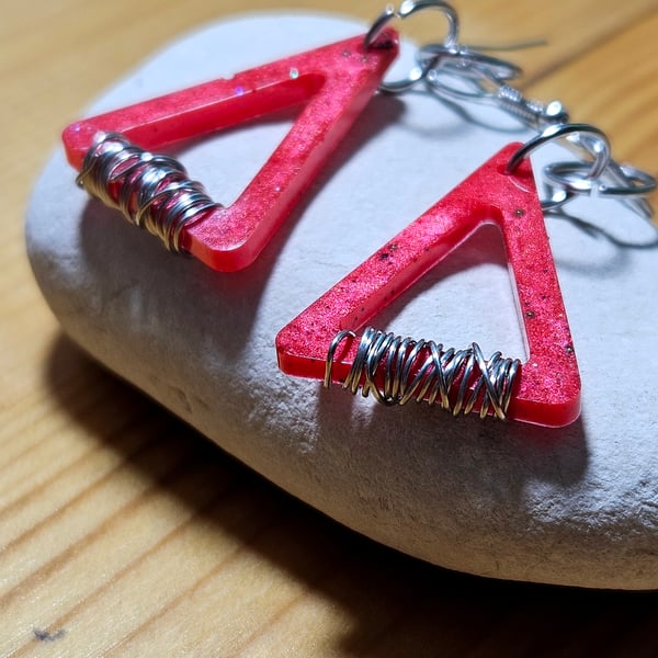 Long red triangle shape earrings, unique resin earrings ideal for festival 