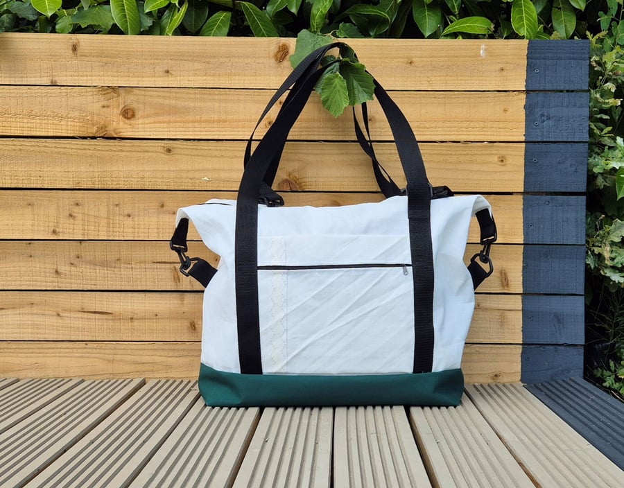 Large Weekender - Upcycled Sailcloth Travel Bag - zipped Tote - green & black
