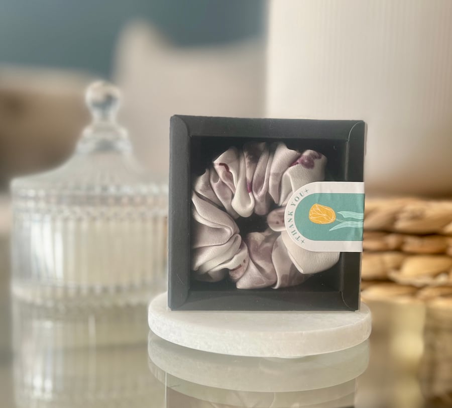100% pure silk scrunchie boxed. Unique digitally printed design