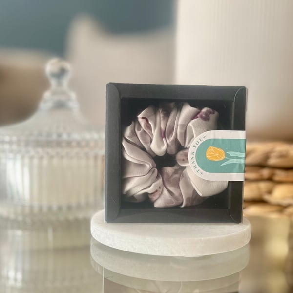 100% pure silk scrunchie boxed. Unique digitally printed design