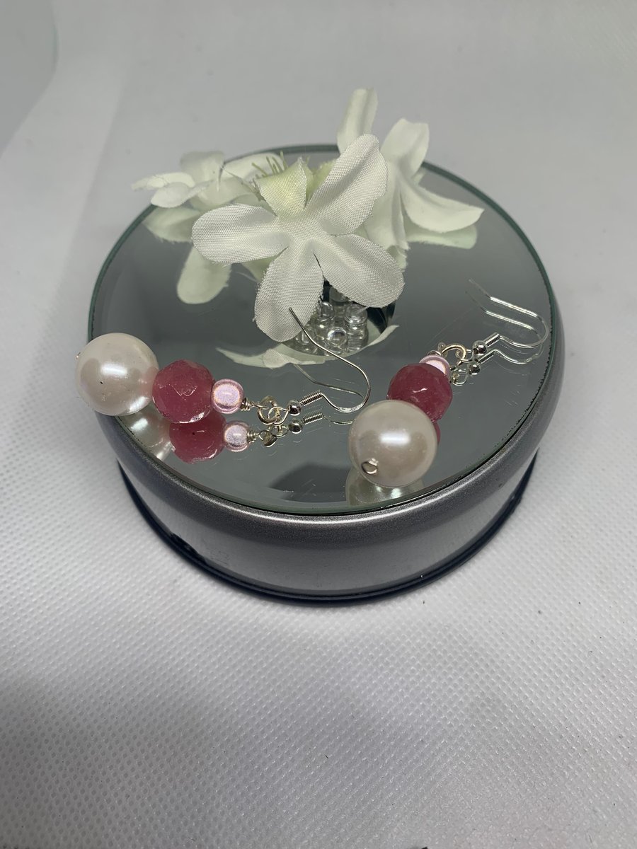 Sterling silver pearl and pink agate & crystal dangle earrings 573
