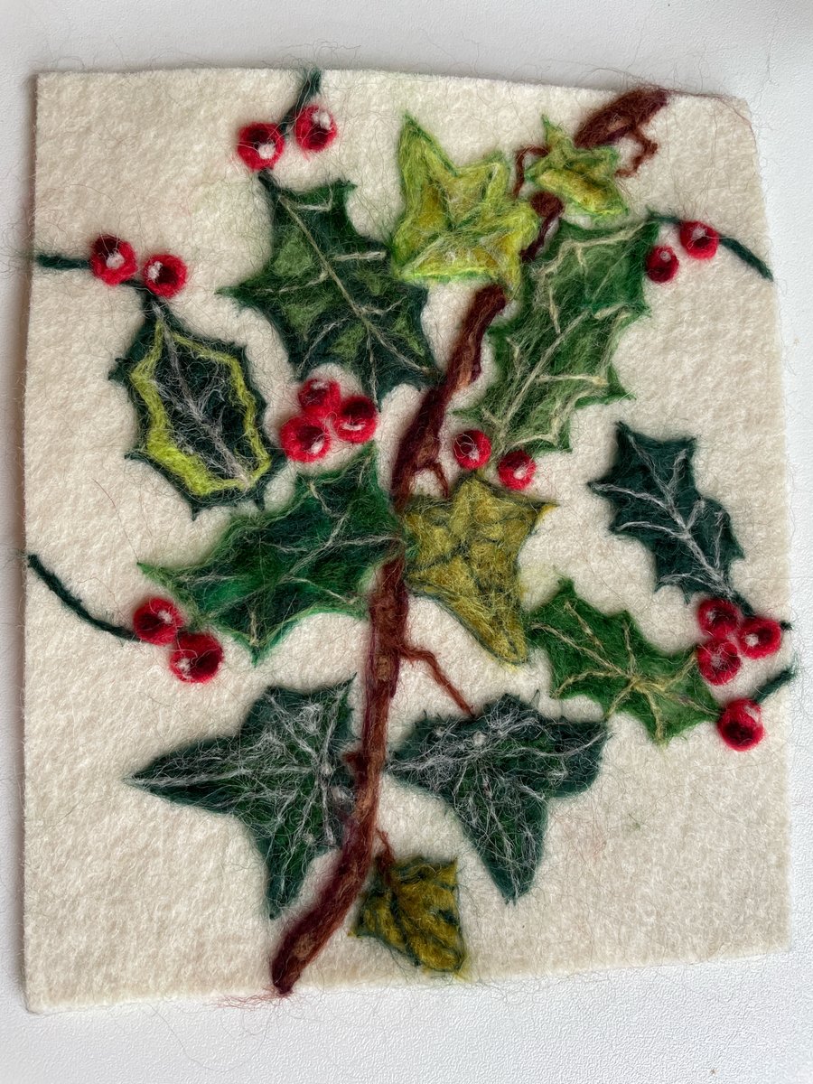 Hand Felted Holly & Ivy Textile Artwork 