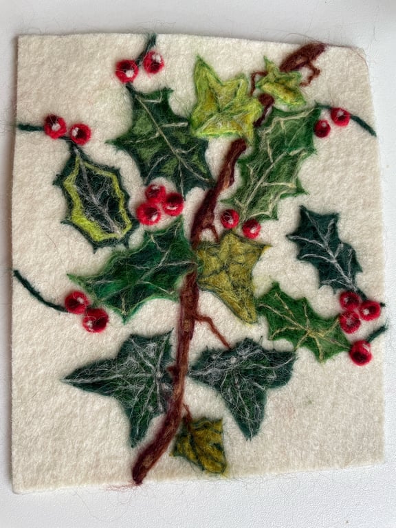 Hand Felted Holly & Ivy Textile Artwork 