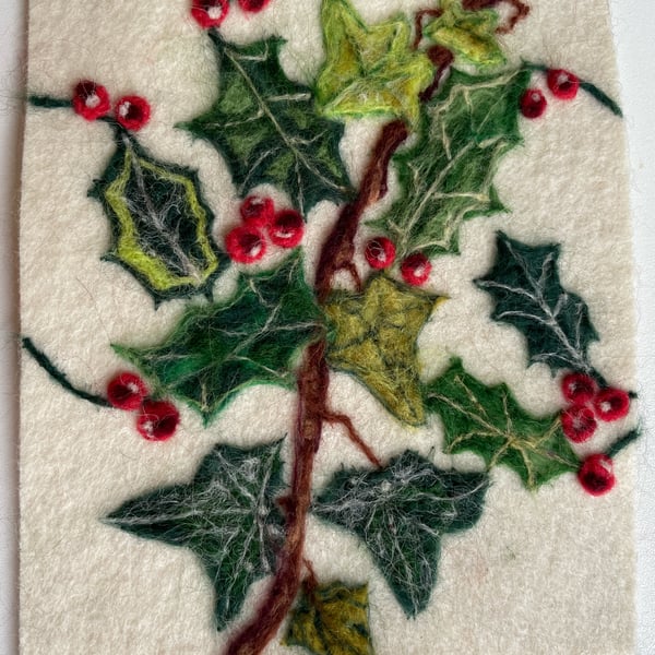 Hand Felted Holly & Ivy Textile Artwork 