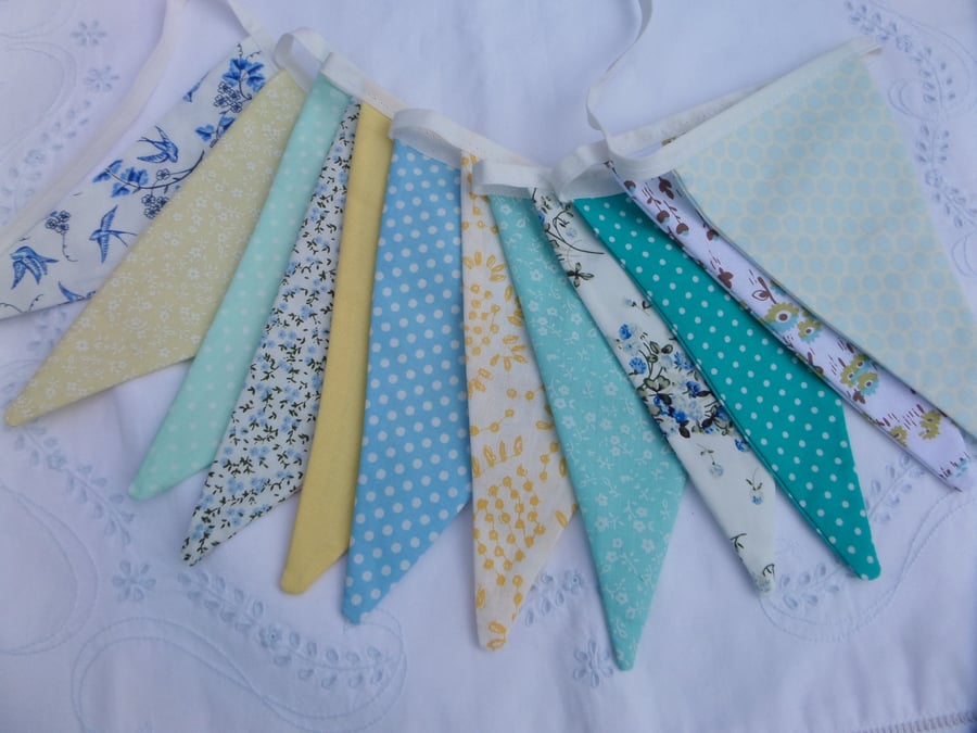 Bunting - 12 flags 8ft long  with ties, lemon, mint, vintage blues