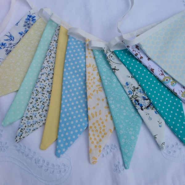 Bunting - 12 flags 8ft long  with ties, lemon, mint, vintage blues