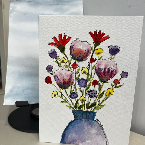 Flowers in vase hand painted watercolour