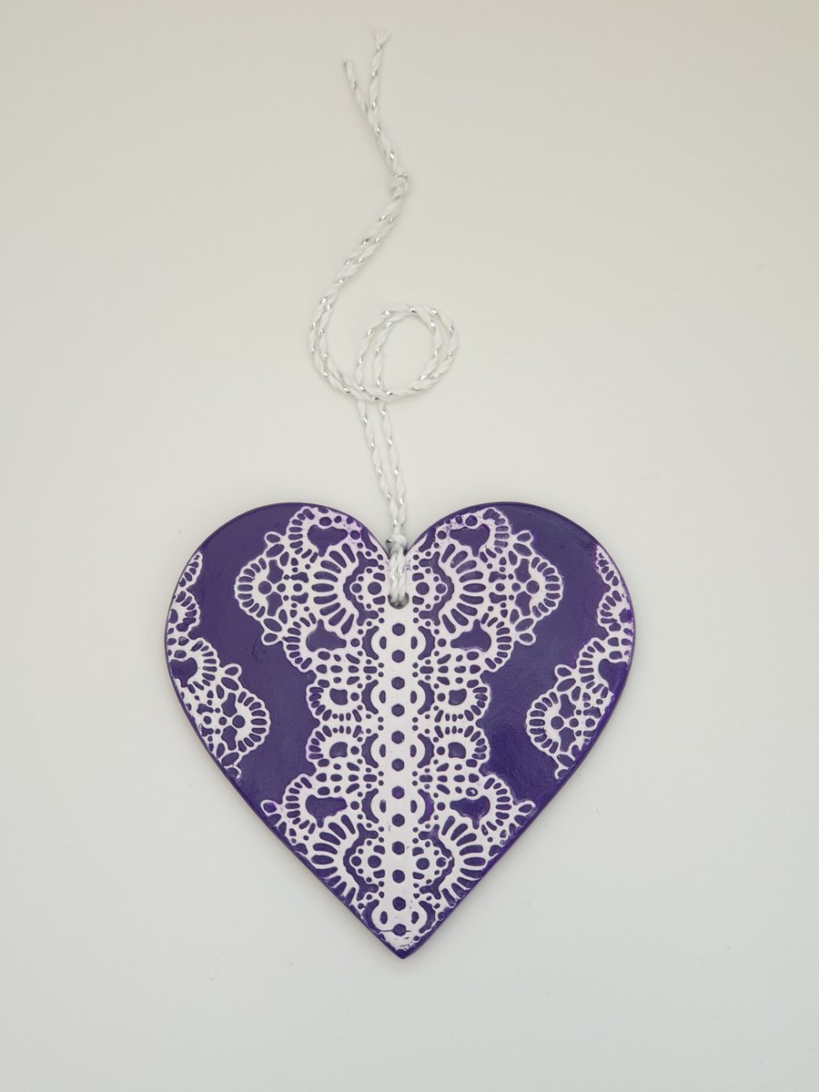 Purple heart, pretty clay hanging decoration, anniversary gift idea 