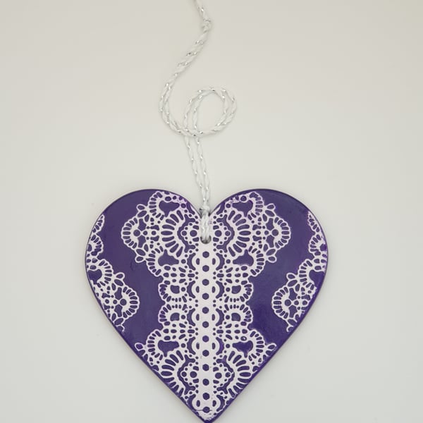 Purple heart, pretty clay hanging decoration, anniversary gift idea 